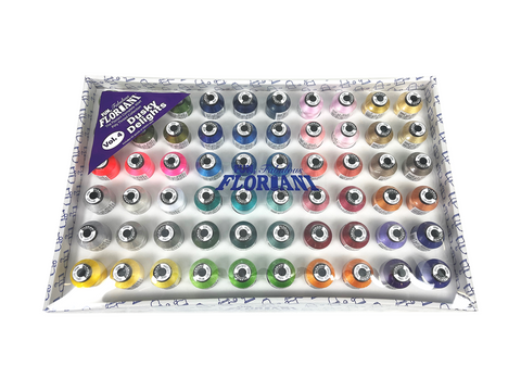 A box of Floriani embroidery thread with 60 spools in various colors.