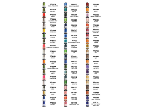 A collection of 60 spools of Floriani embroidery thread in various colors, each labeled with a number and color name.