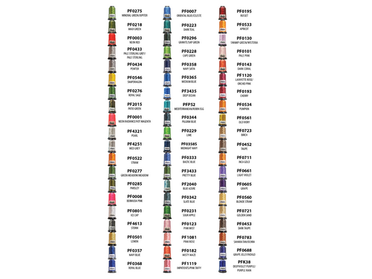 A collection of 60 spools of Floriani embroidery thread in various colors, each labeled with a number and color name.
