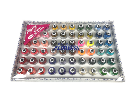 A box containing 60 spools of Floriani embroidery thread in various colors.