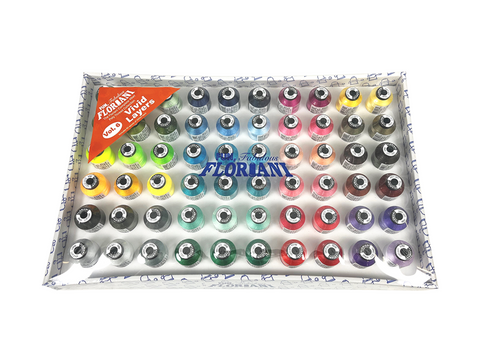 A box containing 60 spools of Floriani polyester embroidery thread in various colors.