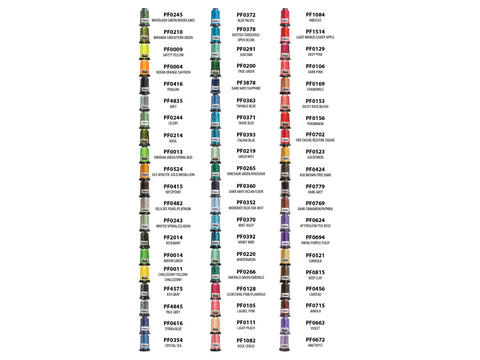 A chart displaying 60 spools of Floriani embroidery thread in various colors, each with a name and number.