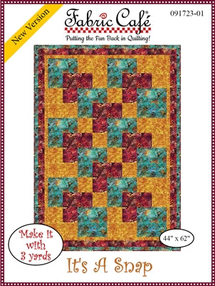 A quilt pattern for "It's A Snap" featuring a gold, teal, and red quilt.