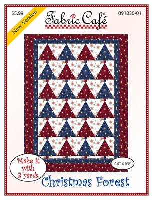 A quilt pattern for a Christmas Forest quilt featuring red and blue trees on a white background.