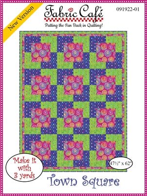 A colorful quilt pattern featuring a checkerboard design with circular motifs.