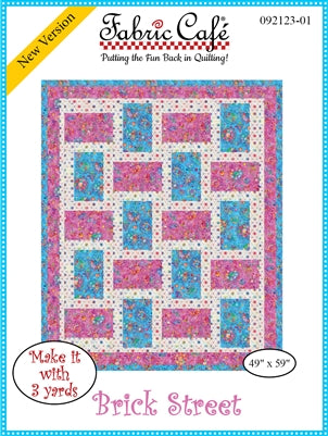 A quilt pattern for "Brick Street" featuring a pink and blue rectangular block design.
