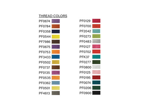 A chart displaying 30 thread colors with their corresponding product codes.