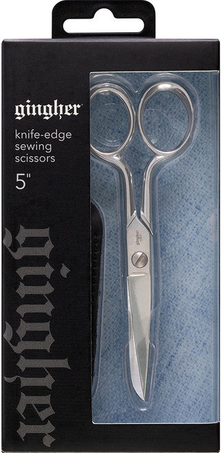 Gingher 5-inch knife-edge sewing scissors in packaging.