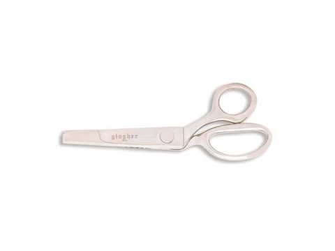 Gingher 7-1/2" pinking shears with a silver finish and "gingher ITALY" engraved.