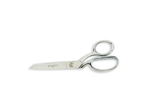 A pair of silver Gingher knife edge scissors with bent handles.