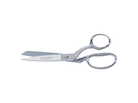 Gingher 8-inch knife-edge tailor shears with bent handles and chrome finish.