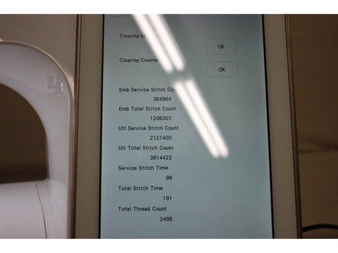 A close-up of a Baby Lock Solaris 2 screen displaying stitch and thread counts.