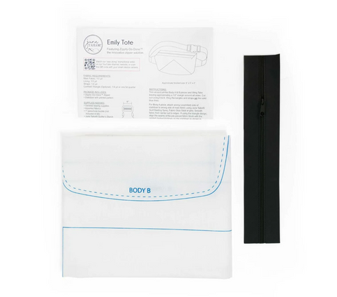 A sewing pattern for an Emily Tote with a black zipper and instructions.