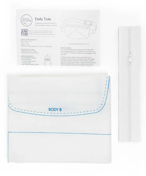 White Emily Tote sewing pattern with a Zippity-Do-Done® zipper and instructions.