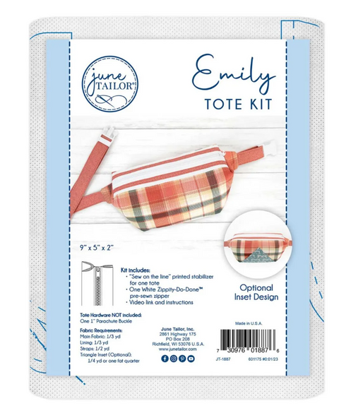 A sewing kit for an Emily Tote with a white zipper, featuring a plaid fabric sample.