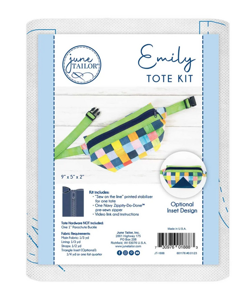 A colorful, checkered Emily Tote Kit with a navy zipper and green strap, featuring an optional inset design.