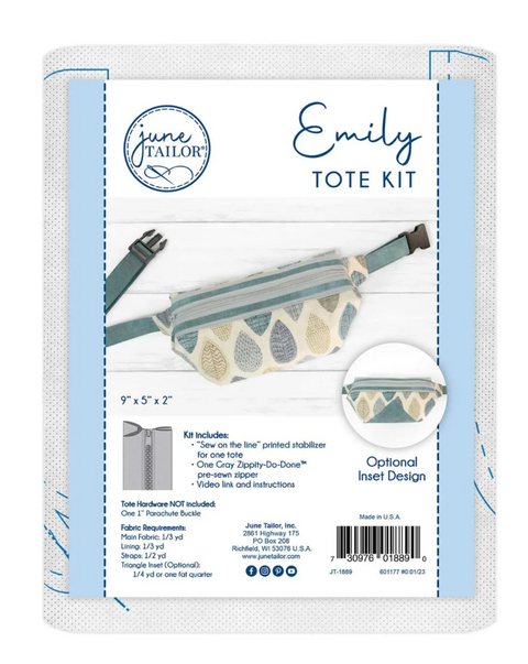 A sewing kit for an Emily Tote with a gray pre-sewn zipper and an optional inset design.