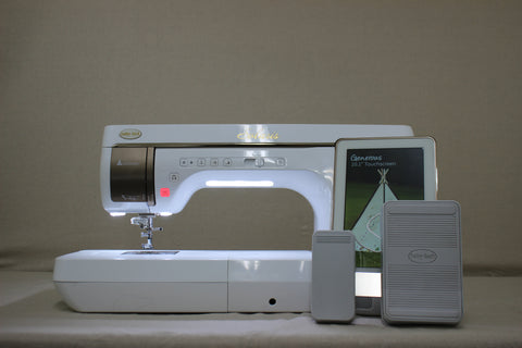 A white Baby Lock Solaris sewing and embroidery machine with a touchscreen and foot pedal.