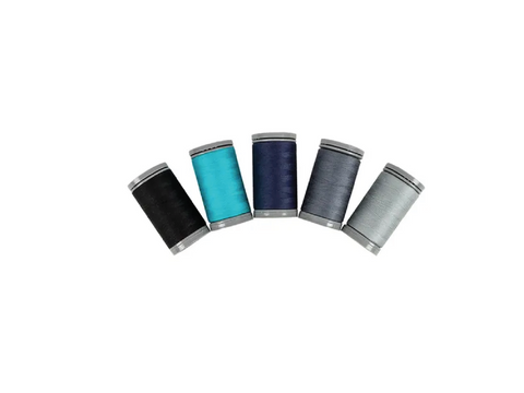Five spools of thread in black, teal, navy, dark gray, and light gray.