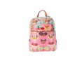 A colorful quilted backpack with a floral top and butterfly appliques on a pink diamond pattern.