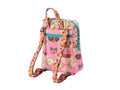 Pink quilted backpack with colorful floral and butterfly patterns, and rainbow checkered straps.