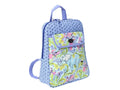 Quilted backpack with a blue geometric pattern and a colorful elephant and floral design.