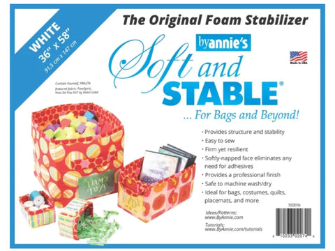 White By Annie Soft & Stable foam stabilizer, 36 by 58 inches, displayed with fabric storage bins.