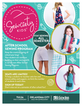 An advertisement for an after-school sewing program for kids, featuring children and sewing projects.