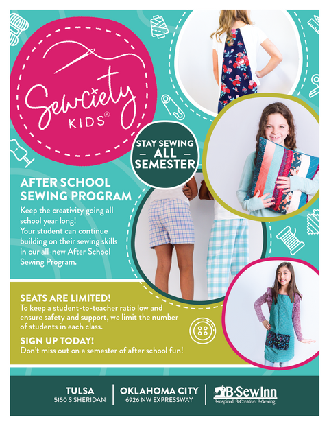 An advertisement for an after-school sewing program for kids, featuring children and sewing projects.