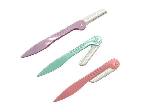 Three pastel-colored folding seam rippers are displayed against a white background.