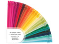 A fan of 48 colorful zippers, ranging from pink to blue, with text overlay.