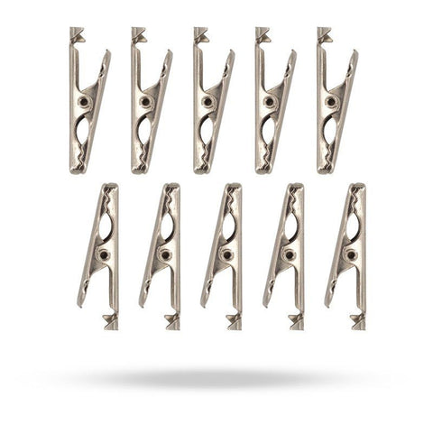 Ten silver button clips are arranged in two rows on a white background.