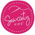 A pink circular logo with a white needle and thread forming the word "Sewciety Kids".